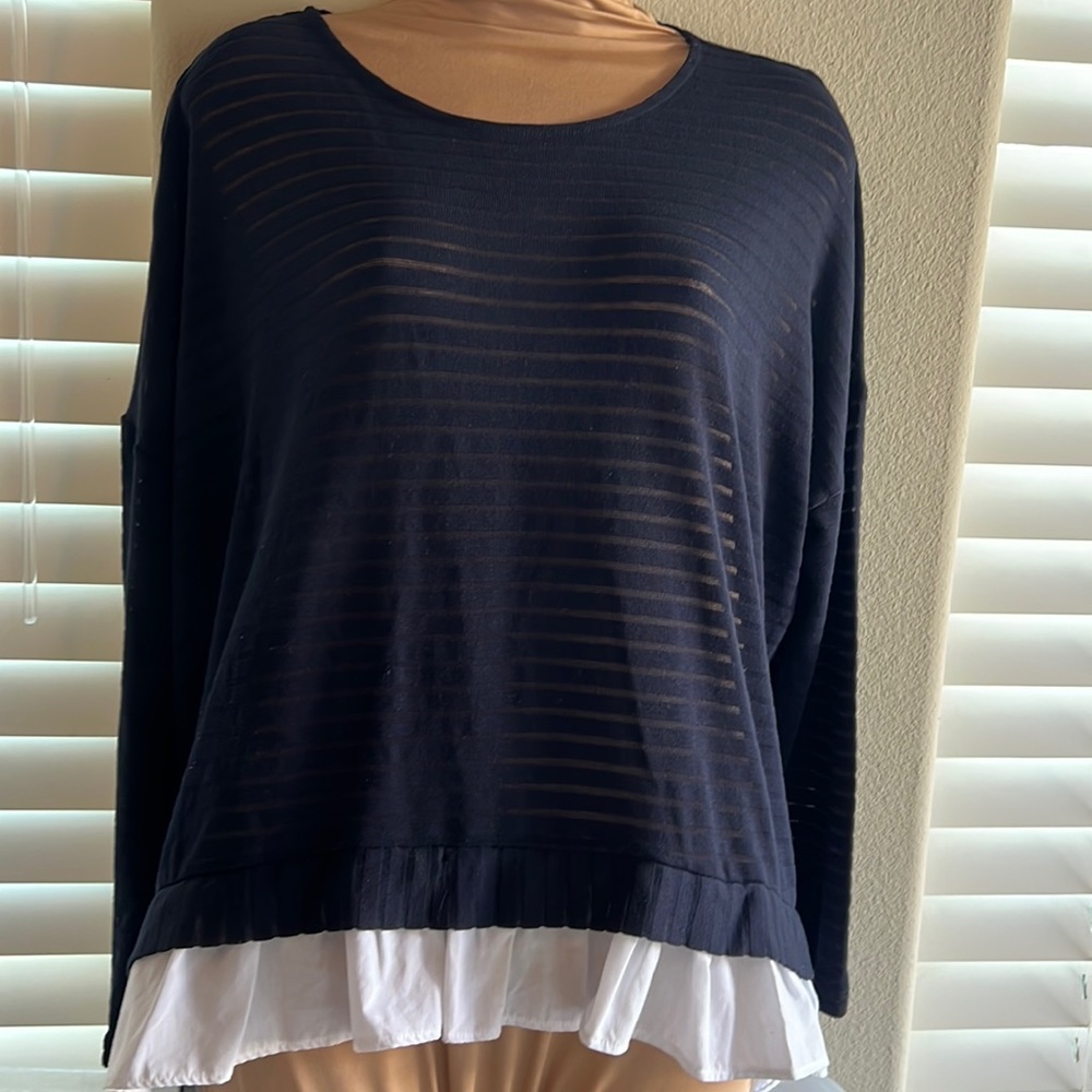 Women’s Blouse Top Navy Blue Long Sleeve with White Accent Inlay Ruffle Size Med
